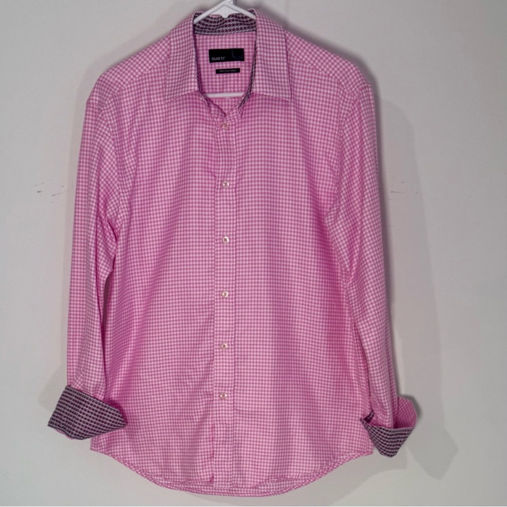 Quieti Men's Pink Gingham Long Sleeve Dress Shirt Size Medium Flipped Cuff